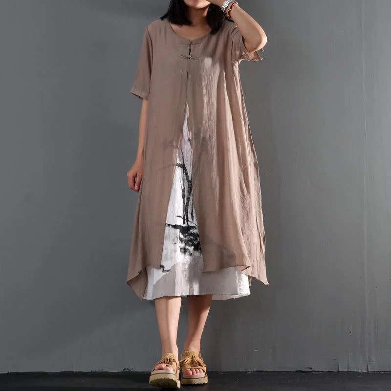 Sleek and sophisticated fashion for modern women   Khaki cotton layered sundress loose causal summer maxi dresses print dress inside