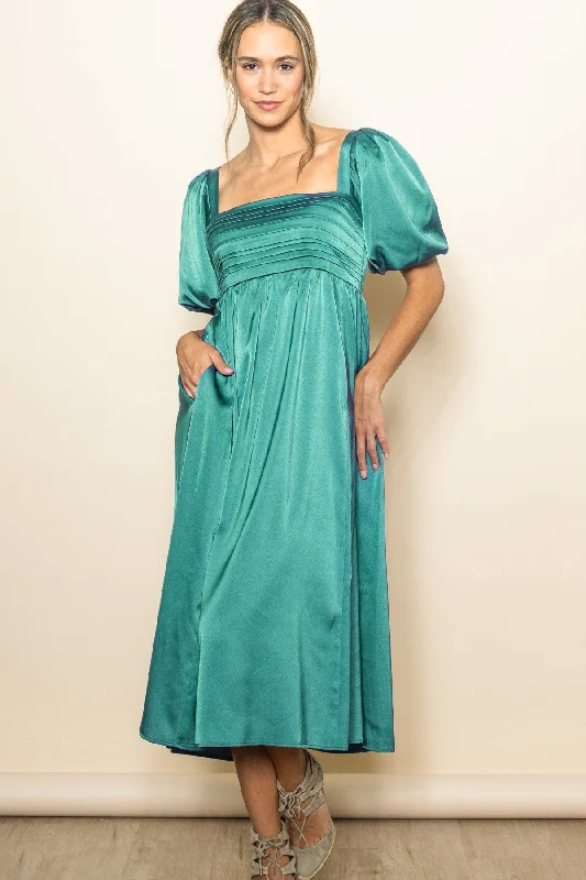 Chic for every occasion and style   Emerald Green Satin Pleated Bodice Puff Sleeve Midi Dress