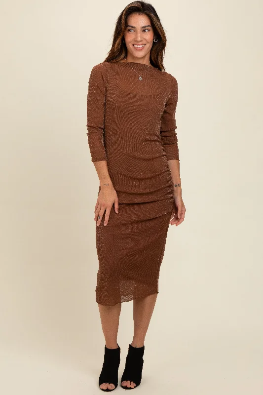 Trendy women’s clothing    Brown Shimmer Mesh Long Sleeve Ruched Midi Dress
