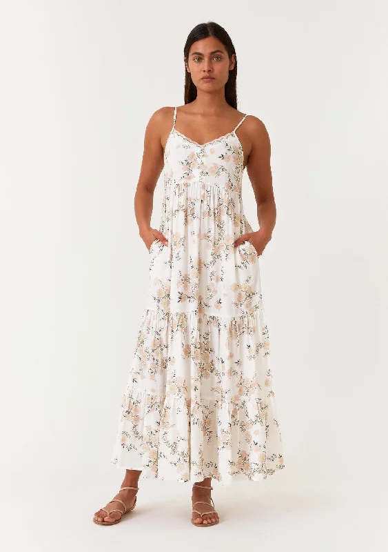 Fashionable clothing that fits every occasion   Cream Floral Sleeveless Tiered Maxi Dress