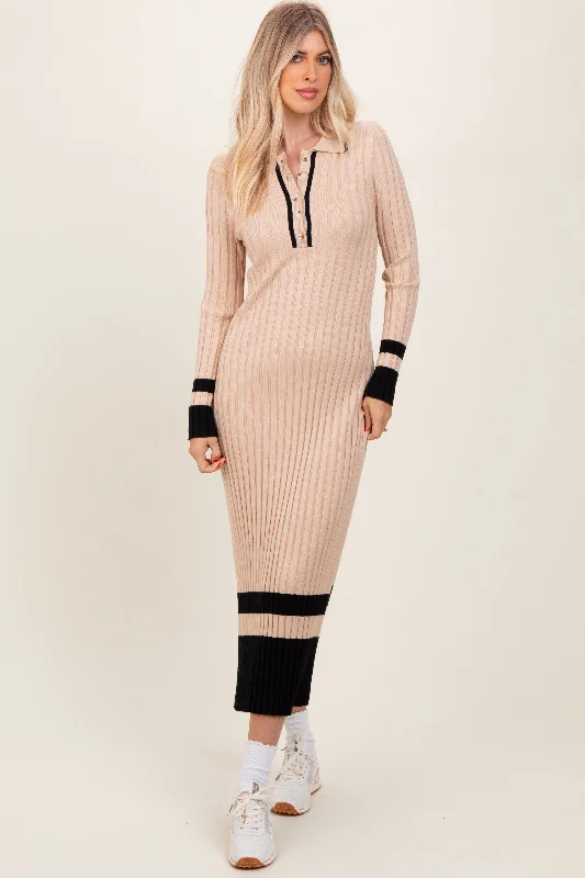 Bold, confident, and stylish women’s clothing   Beige Contrast Trim Knit Polo Midi Dress