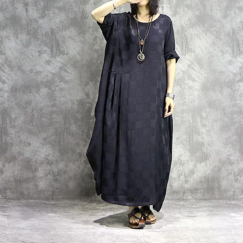 Trendy women’s clothing    French o neck silk dresses Fabrics black Maxi Dress summer