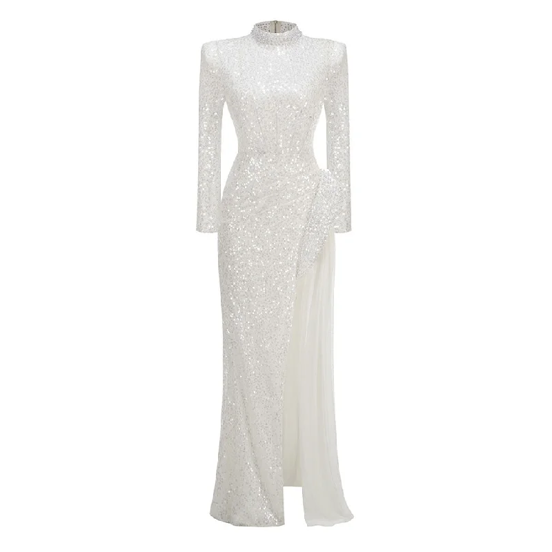 Chic, modern looks for the stylish woman Opulent Faux Pearl Strong Shoulder Cutout Draped Sash Split Sequin Maxi Dress Chic, modern looks for the stylish woman Opulent Faux Pearl Strong Shoulder Cutout Draped Sash Split Sequin Maxi Dress