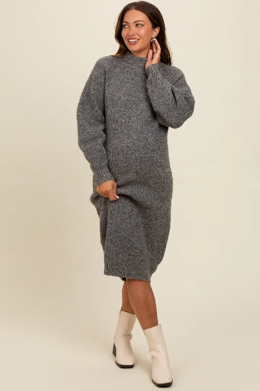 Versatile outfits to transition from day to night Charcoal Mock Neck Bubble Sleeve Maternity Midi Sweater Dress Versatile outfits to transition from day to night Charcoal Mock Neck Bubble Sleeve Maternity Midi Sweater Dress
