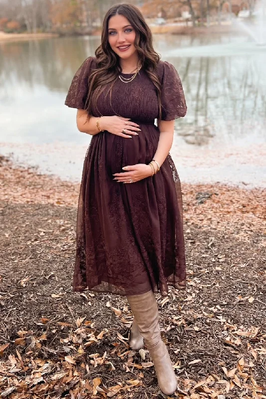 High-quality women’s wear for everyday elegance Brown Floral Embroidered Mesh Overlay Smocked Maternity Midi Dress High-quality women’s wear for everyday elegance Brown Floral Embroidered Mesh Overlay Smocked Maternity Midi Dress