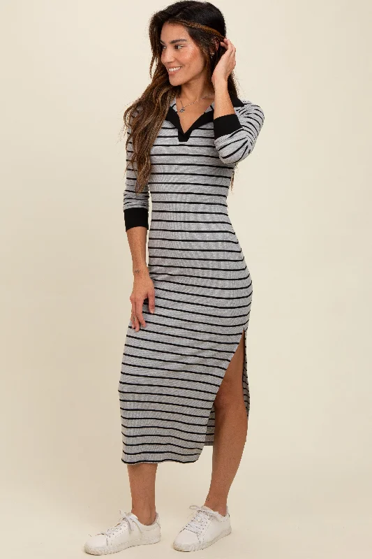 Elevate your style with fashionable women’s clothing Heather Grey Striped Collared Long Sleeve Midi Dress Elevate your style with fashionable women’s clothing Heather Grey Striped Collared Long Sleeve Midi Dress
