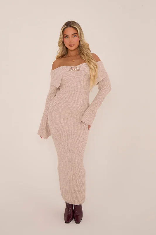 Curated collections of sophisticated women’s wear Beige Premium Knit Fold Down Midi Dress - Celia Curated collections of sophisticated women’s wear Beige Premium Knit Fold Down Midi Dress - Celia