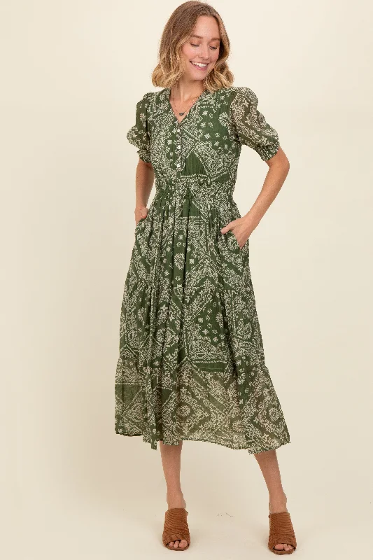 Trendy women’s clothing with a modern twist Green Paisley Button Front V-Neck Tiered Midi Dress Trendy women’s clothing with a modern twist Green Paisley Button Front V-Neck Tiered Midi Dress