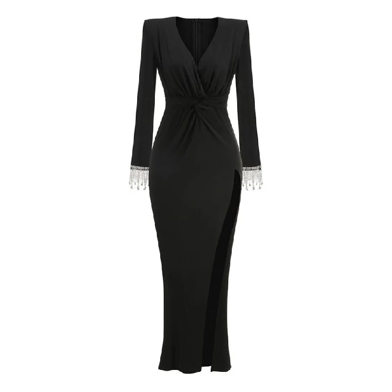 Fashion pieces that complement every woman’s style Sexy Plunge Twist Front Crystal Fringe Sleeve High Split Jersey Maxi Dress Fashion pieces that complement every woman’s style Sexy Plunge Twist Front Crystal Fringe Sleeve High Split Jersey Maxi Dress