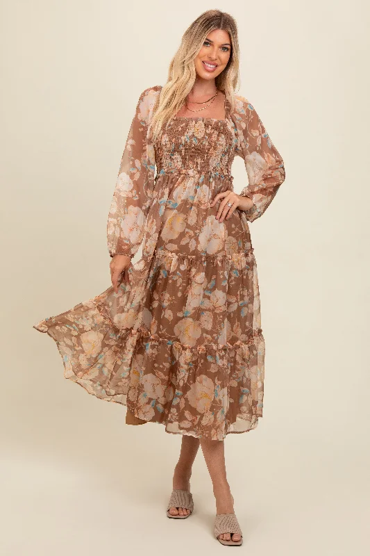 A perfect wardrobe for fashionable women   Mocha Floral Square Neck Smocked Midi Dress