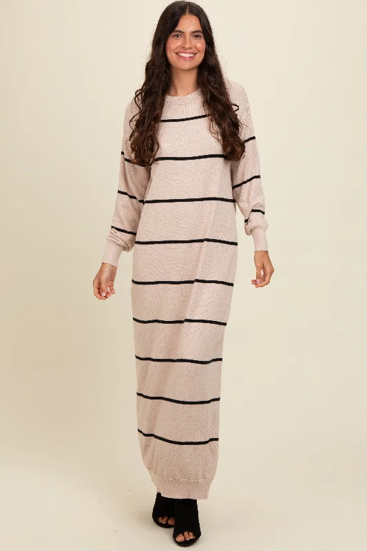 Stylish women’s clothing designed for comfort   Beige Striped Knit Drop Shoulder Midi Dress