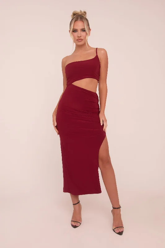 Casual outfits that elevate your style   Burgundy One Shoulder Cut Out Midi Dress - Antonia