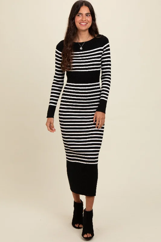 Feminine silhouettes for the modern woman   Black Striped Midi Sweater Dress