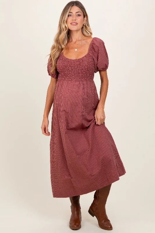 Timeless women’s fashion for any occasion Mauve Striped Popcorn Smocked Maternity Midi Dress Timeless women’s fashion for any occasion Mauve Striped Popcorn Smocked Maternity Midi Dress