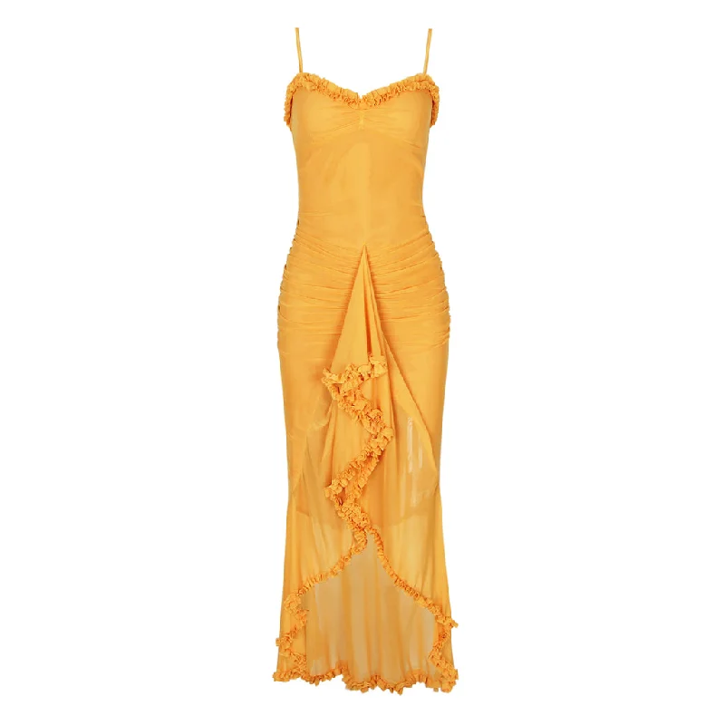 Stylish and comfortable outfits for women Ethereal Spaghetti Strap Ruched Mesh Ruffle Front High Low Slip Dress Stylish and comfortable outfits for women Ethereal Spaghetti Strap Ruched Mesh Ruffle Front High Low Slip Dress