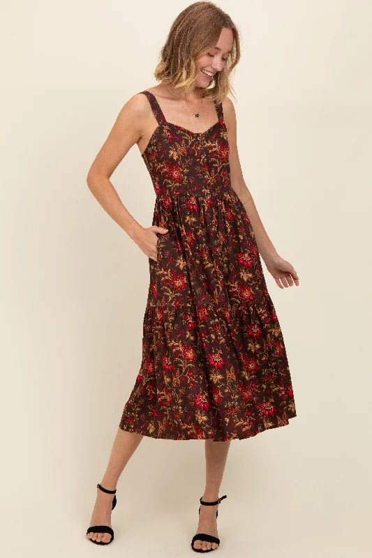 Refresh your wardrobe with high-quality women’s fashion Brown Floral Sweetheart Neck Button Down Midi Dress Refresh your wardrobe with high-quality women’s fashion Brown Floral Sweetheart Neck Button Down Midi Dress
