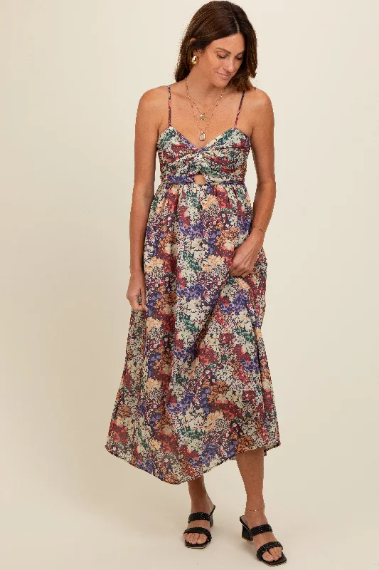 Stylish plus-size clothing for women   Black Floral Sleeveless Front Cutout Midi Dress