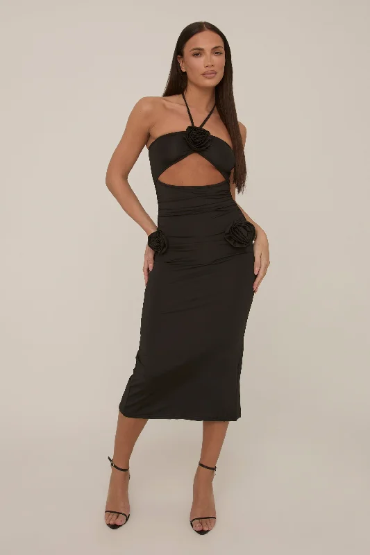 Elegant casual clothing for modern women   Black Rose Detail Halter Midi Dress - Pixie