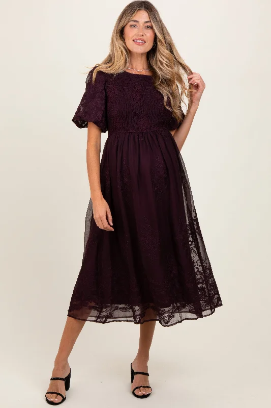Chic, modern looks for the stylish woman   Plum Floral Lace Smocked Maternity Midi Dress
