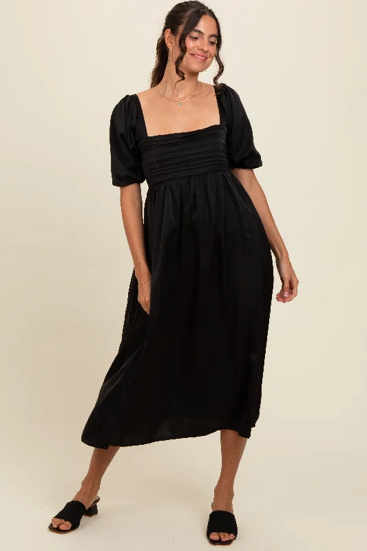 Latest fashion trends for modern women   Black Satin Pleated Bodice Puff Sleeve Midi Dress