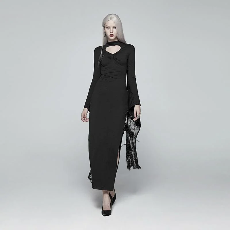 Fashionable women’s clothing that makes you shine Women's Goth Side Slit Lace Sleeved Maxi Dress With Hollow Out Loving Heart Fashionable women’s clothing that makes you shine Women's Goth Side Slit Lace Sleeved Maxi Dress With Hollow Out Loving Heart