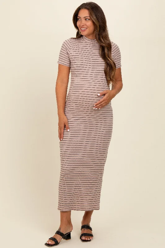 Women’s fashion that reflects your personality   Beige Striped Mock Neck Fitted Maternity Midi Dress