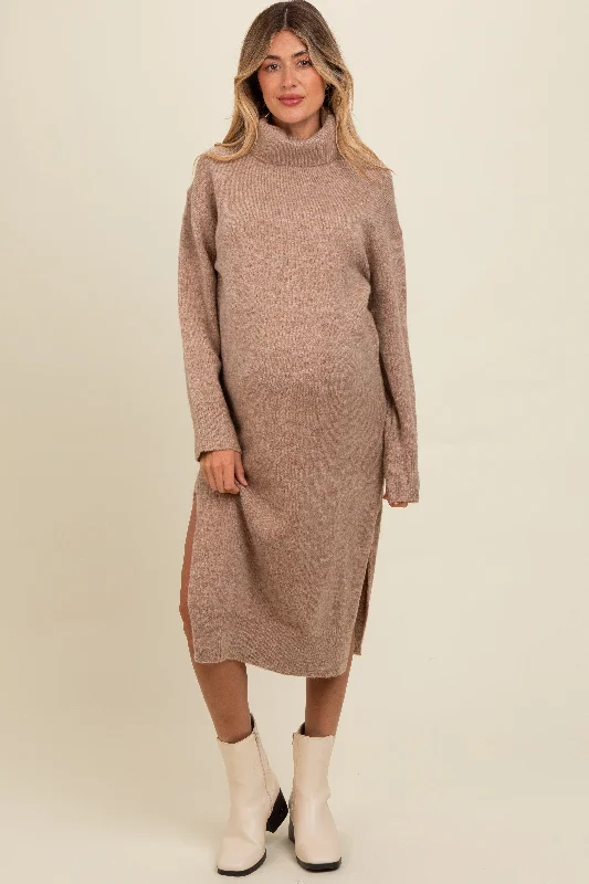 Fashionable, yet affordable women’s apparel Light Mocha Turtleneck Side Slit Knit Maternity Midi Sweater Dress Fashionable, yet affordable women’s apparel Light Mocha Turtleneck Side Slit Knit Maternity Midi Sweater Dress