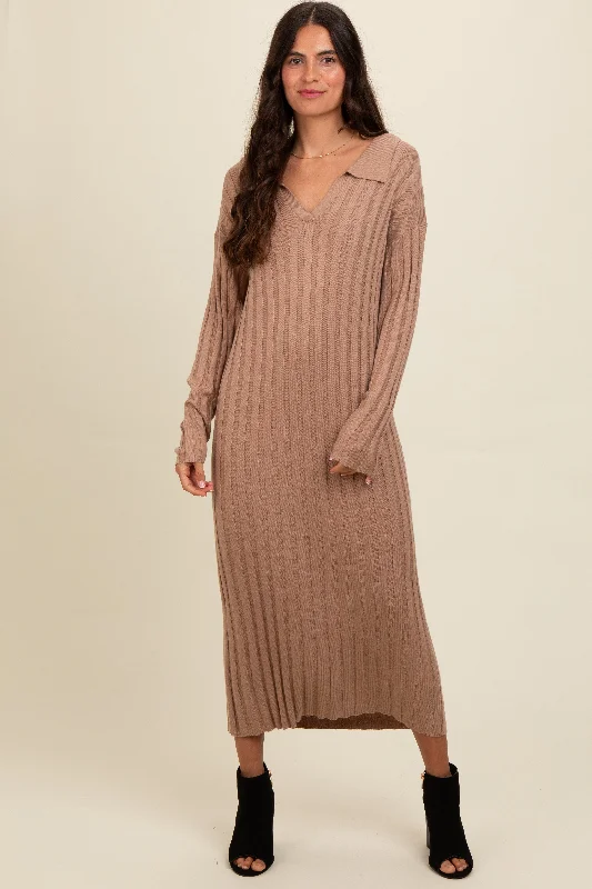 Summer-ready fashion for stylish women   Mocha Ribbed Collared Midi Sweater Dress