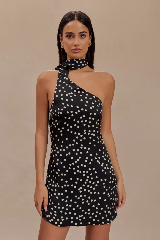 Women’s clothing that fits your personality and style   Joan Satin Asymmetrical Mini Dress - Black Polka Dot Print