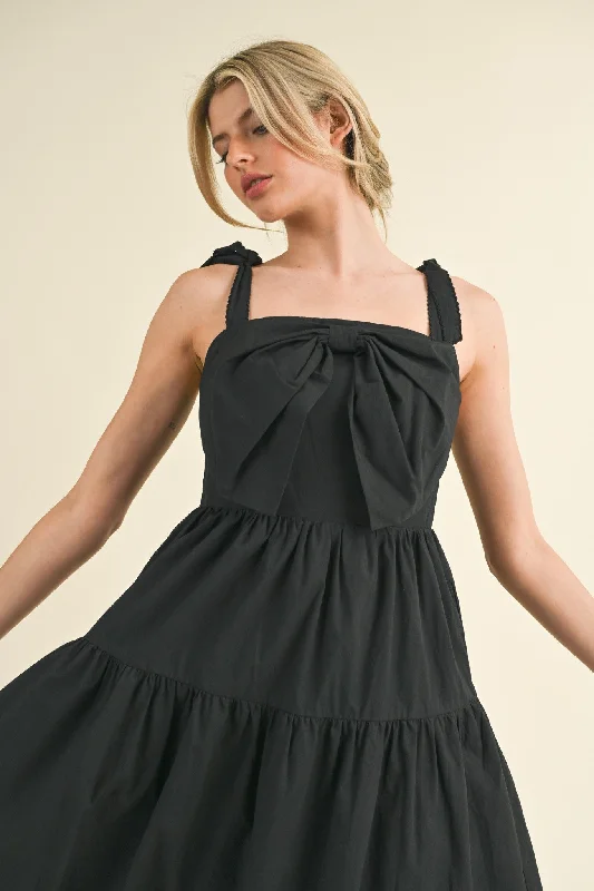 Elegant evening wear for special events   Black Bow Front Scalloped Midi Dress
