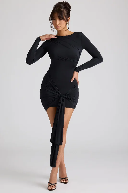 Versatile outfits to transition from day to night   Long Sleeve Draped Mini Dress in Black