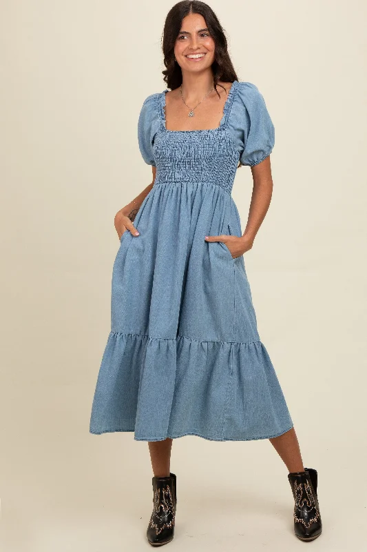 Casual yet chic women’s outfits for work or play Light Blue Vintage Wash Chambray Smocked Midi Dress Casual yet chic women’s outfits for work or play Light Blue Vintage Wash Chambray Smocked Midi Dress