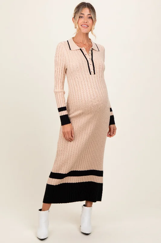Fashion pieces that complement every woman’s style   Beige Contrast Trim Knit Polo Maternity Midi Dress