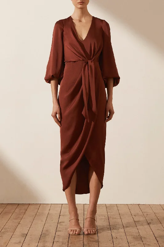 LUXE TIE FRONT BALLOON SLEEVE MIDI DRESS - SANGRIA