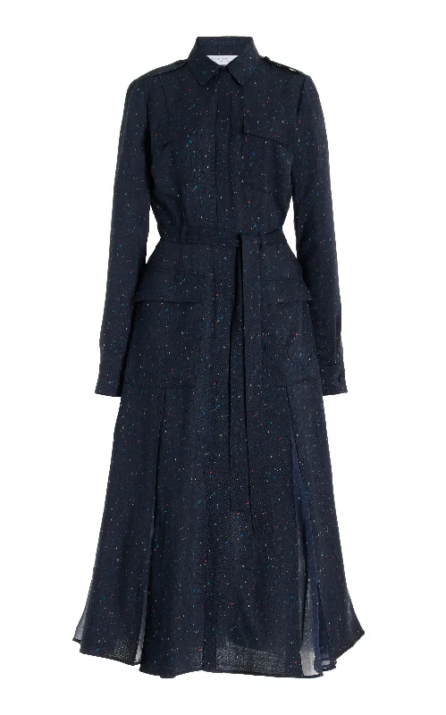 Meyer Pleated Maxi Shirtdress in Dark Navy Multi Printed Wool