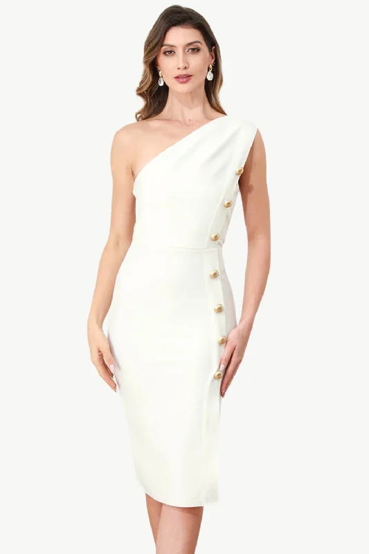 One Shoulder White Bodycon Dress with Buttons