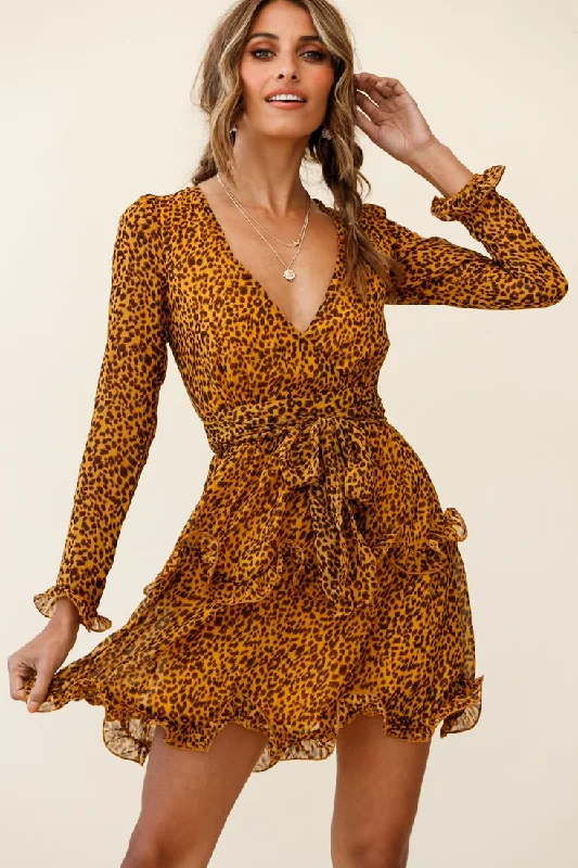 Greta Tiered Ruffle Chiffon Dress Animal Print Mustard