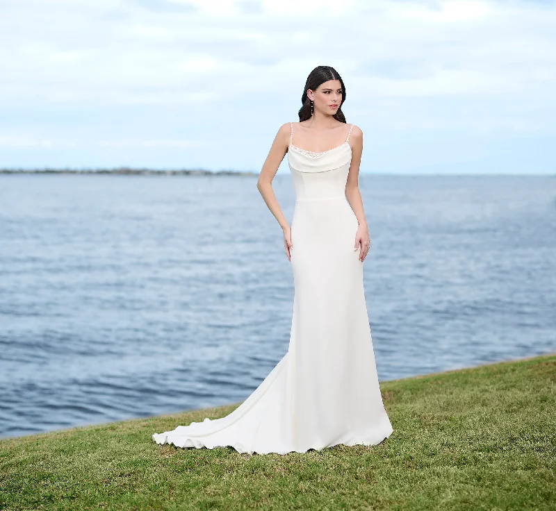 Stretch Crepe Gown With Cowl Drapes In Ivory Nude