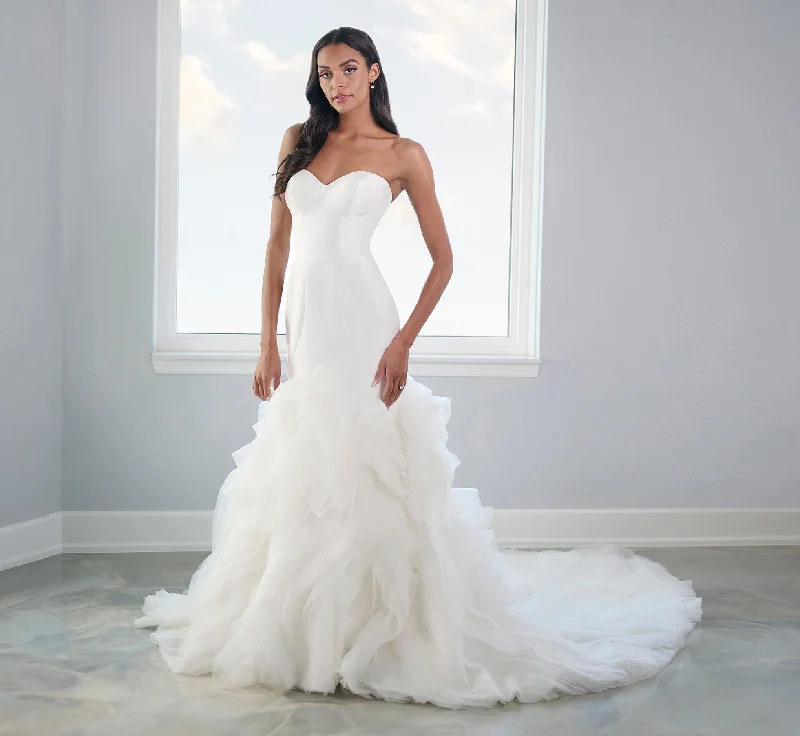 Tulle And Organza Ruffled Gown With Paneled Mikado Bodice In Ivory