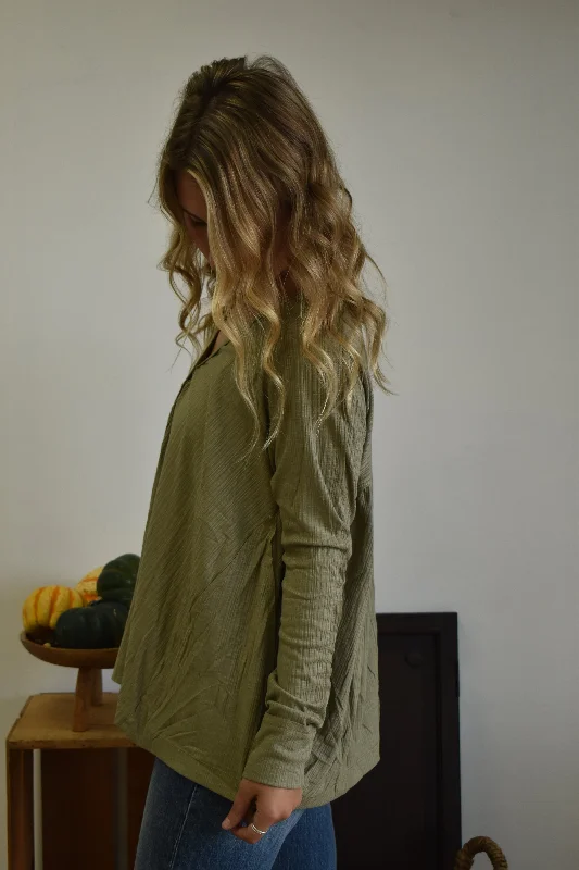 Olive Ribbed Henley Blouse