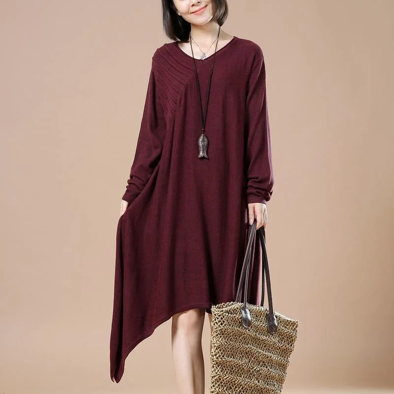 Elegant casual clothing for modern women   Burgundy asymmetrical plus size sweaters winter maxi dress