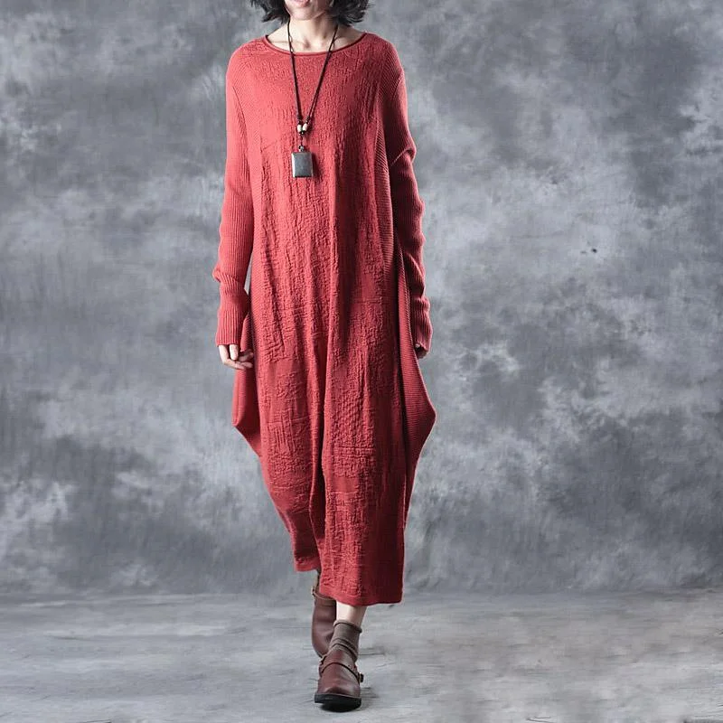 New Red Long Knit Dresses Oversize Asymmetrical Design O Neck Caftans Gown