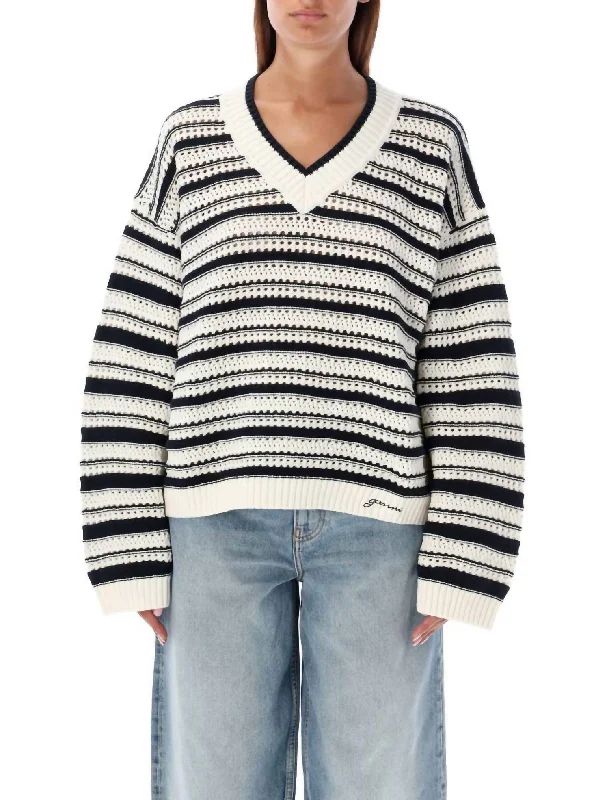 Feminine fashion to express your unique style   Striped Cotton V-Neck Pullover In Black
