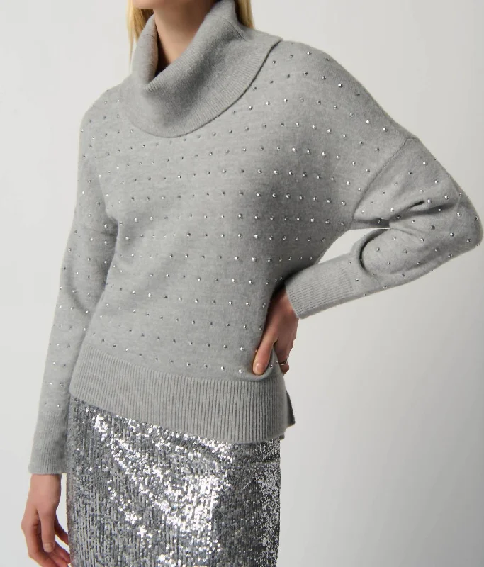 Fashionable, yet affordable women’s apparel   Studded Cowl Neck Sweater In Light Grey Melange