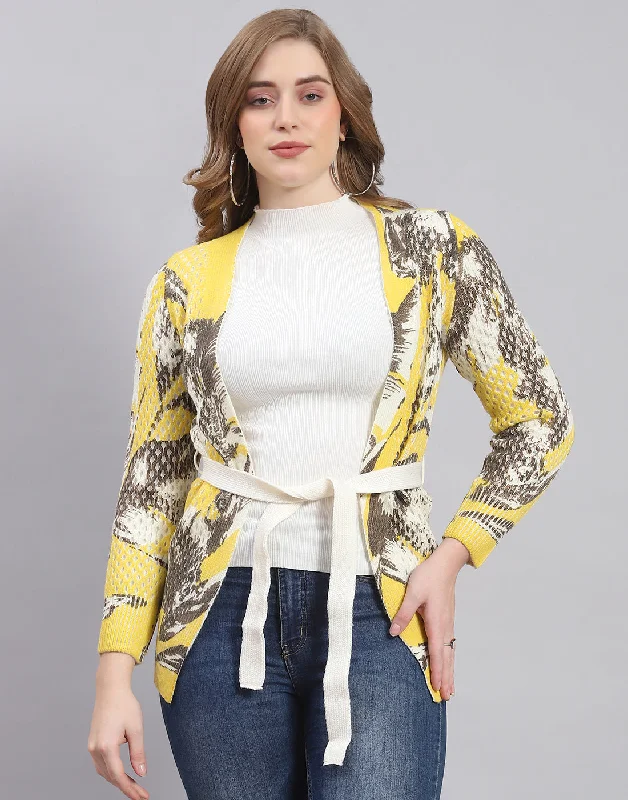 Women Yellow Self Design V Neck Full Sleeve Cardigan