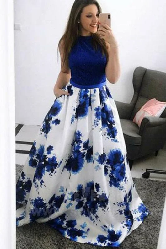 Fashionable, yet affordable women’s apparel   A-Line Jewel Blue Floral Long Prom Dress with Pockets Lace cg740