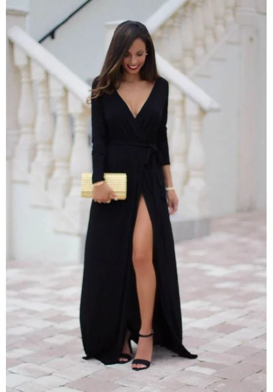 Stylish plus-size clothing for women Custom Made Black Prom Dress,Long Sleeves Evening Dress, Deep V-Neck Party Gown,Side Slit Prom Dress cg735 Stylish plus-size clothing for women Custom Made Black Prom Dress,Long Sleeves Evening Dress, Deep V-Neck Party Gown,Side Slit Prom Dress cg735