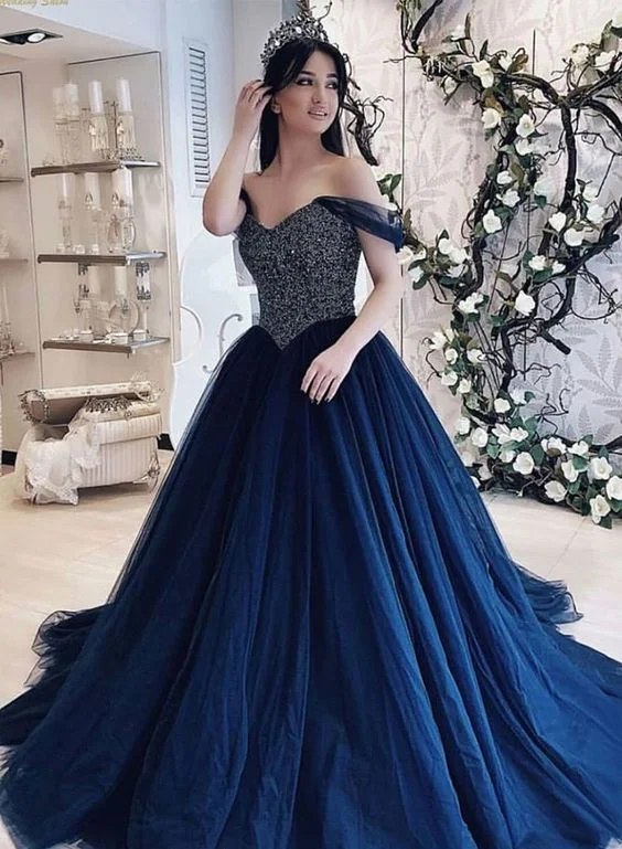 Feminine fashion to express your unique style Dark blue tulle beads long prom gown, blue evening dress cg714 Feminine fashion to express your unique style Dark blue tulle beads long prom gown, blue evening dress cg714