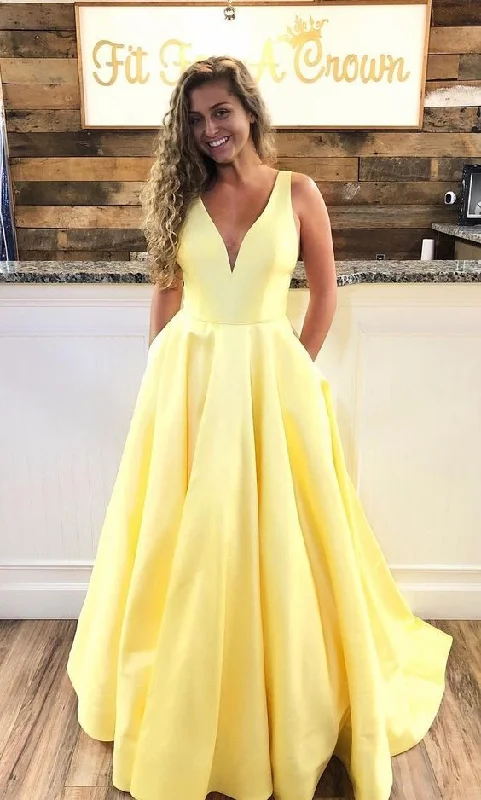 Bold and beautiful clothing for every woman Yellow V-Neck Long Prom Dresses with Pockets,Graduation Dress,Satin Evening Ball Gowns for Women cg738 Bold and beautiful clothing for every woman Yellow V-Neck Long Prom Dresses with Pockets,Graduation Dress,Satin Evening Ball Gowns for Women cg738
